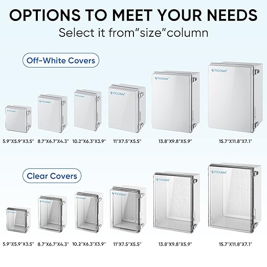 TICONN Outdoor Electrical Box Waterproof, Junction Box IP67 ABS Plastic Enclosure with Hinged Cover with Mounting Plate, Wall Brackets, Cable Glands (Clear, 10.2"x6.3"x3.9")
