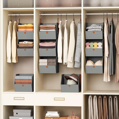 Collapsible Hanging Closet Organizer - 3 Tier Closet Shelves Storage System with Hooks, Fabric Hanging Storage Bins for Clothes, Foldable Storage Basket for Laundry, Bedroom, Rv, Grey