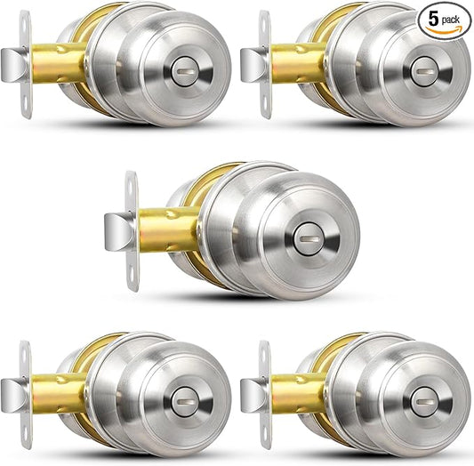 Sopoby Privacy Door Knob, 5 Pack Brushed Nickel Round Keyless Doorknobs Interior/Exterior Lockset, Privacy Locking Door Knobs for Bedroom/Bathroom, Modern Design Door Hardware