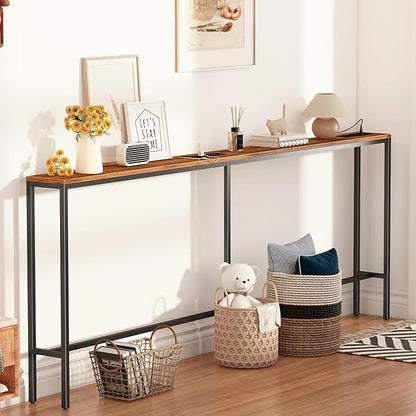 Narrow Sofa Table with 2 Power Outlets, 80.7” Thin Console Tables Narrow Long, Behind Couch Table Skinny, Wood Console Tables for Entryway, Living Room, Hallway, Foyer, Rustic Brown