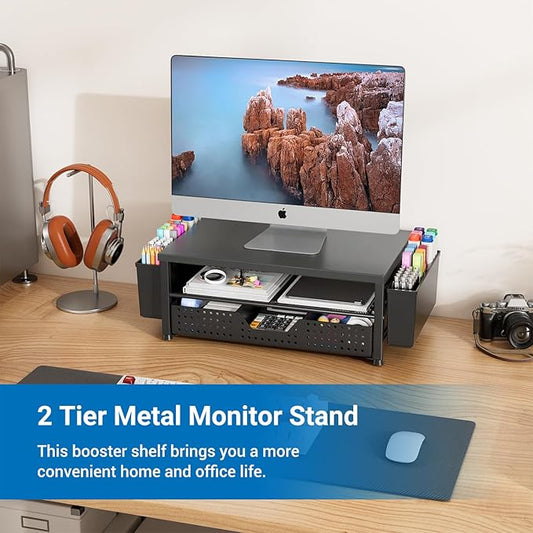 Wood Metal Monitor Stand Riser, Laptop Stand for Desk, Office Desk Organizer and Accessories, Computer Desktop Shelf with Drawer and Pen Holder, Printer Stand for Home, Office, Dorm (Black Wood)