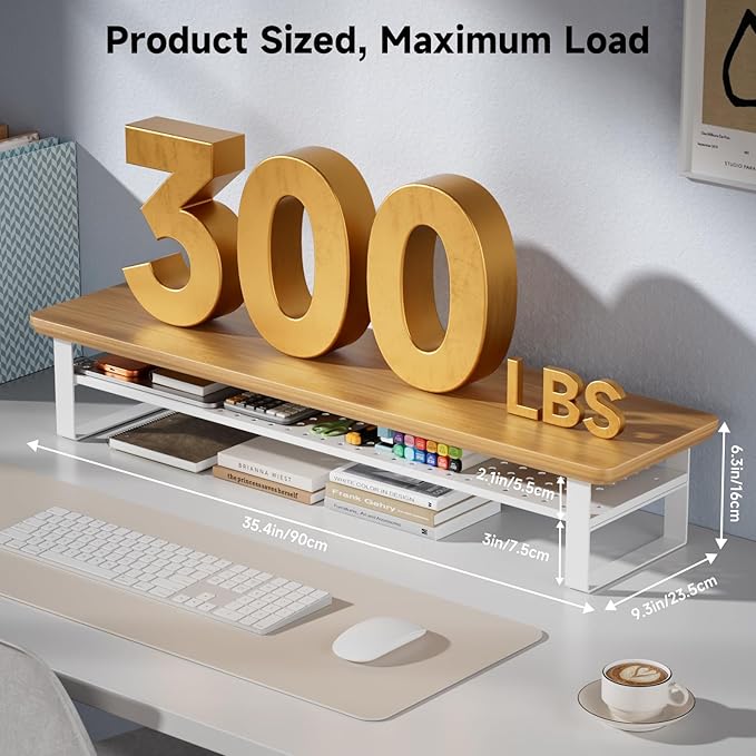 Dual Monitor Stand, 35.4 Inch Monitor Stand Riser for 2 Monitors, 2 Tiers Wood Desk Shelf with Storage, Desktop Organizer Stand for Computer, Laptop, Printer, TV (Cherry Wood, 35.4in)