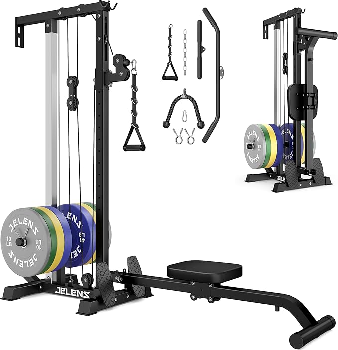 RC01 Foldable LAT Pulldown Machine with Adjustable seat, Wall Mount Cable Station with 16 Adjustable Positions, Cable Machine Home Gym 2 in 1, Functional Trainer with Rowing and LAT Pulldown