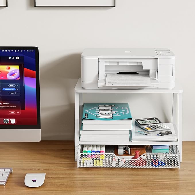 2-Tier Printer Stand with Storage, Desktop Organizer with Drawers for Printer Paper, Desk Shelf for Office and Home Printer Tables for 3D Printers‌ White