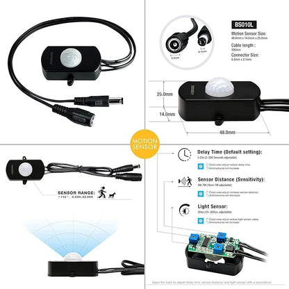 Sensky Motion Sensor LED Under Cabinet Lighting Kit Extendable Under Counter LED Light with Motion Sensor, Power Adapter for Gun Safe Light, Shelf, TV Wall Lighting (8.2FT,3000-3500K)