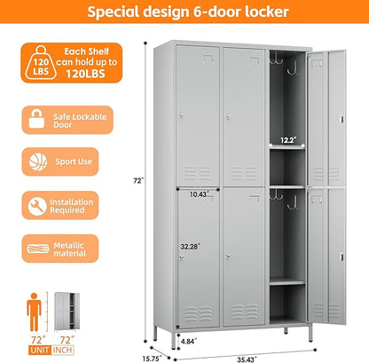 Aobabo Metal Locker for Employees, 6 Doors Metal Locker Cabinet with Lock, Industrial Storage with 18 Hooks, Storage for Office, Gym, Dormitory, Assembly Required, Light Grey
