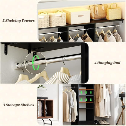 Cyclysio 4FT Small Closet System, 80"H Closet Organizer System with 4 Closets Rods & 3 Shelves, 48" Closets Organizers and Storage for Small Bedrooms, Laundry Rooms, Cloakrooms, Black