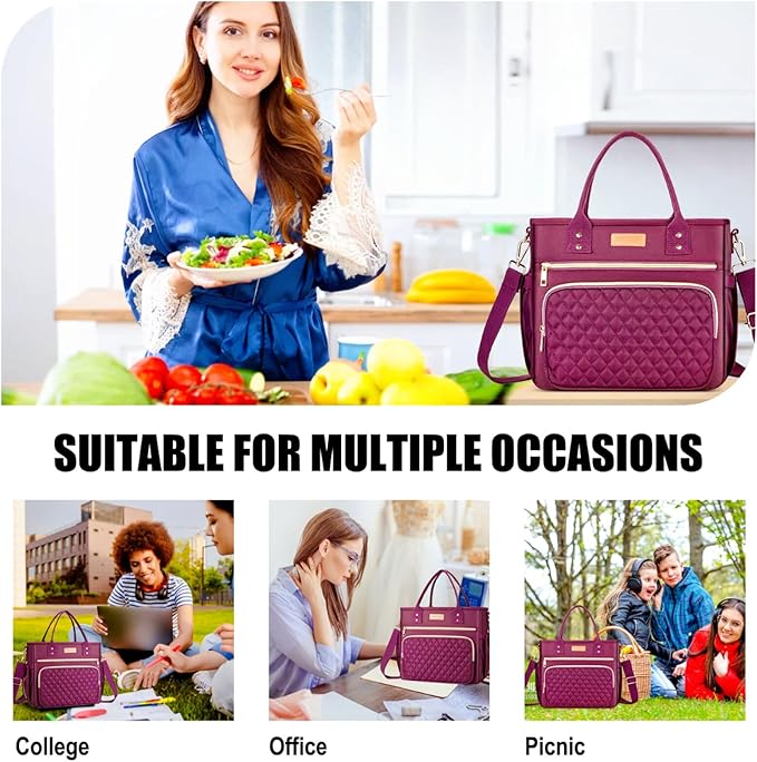 EASYA Large Lunch Bags for Work Insulated/Insulated Adult Lunch Box for Women/Durable Nylon Thermal Lunch Bag for Women/Leakproof Cooler Lunch Tote Bag with Storage Pocket (Burgundy Red)