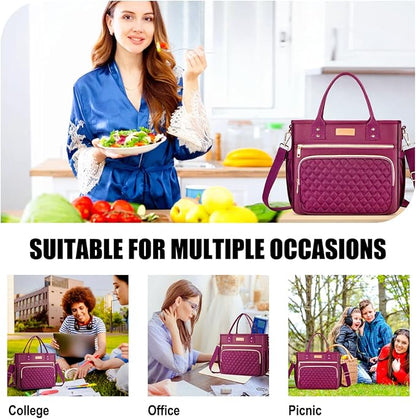 EASYA Large Lunch Bags for Work Insulated/Insulated Adult Lunch Box for Women/Durable Nylon Thermal Lunch Bag for Women/Leakproof Cooler Lunch Tote Bag with Storage Pocket (Burgundy Red)