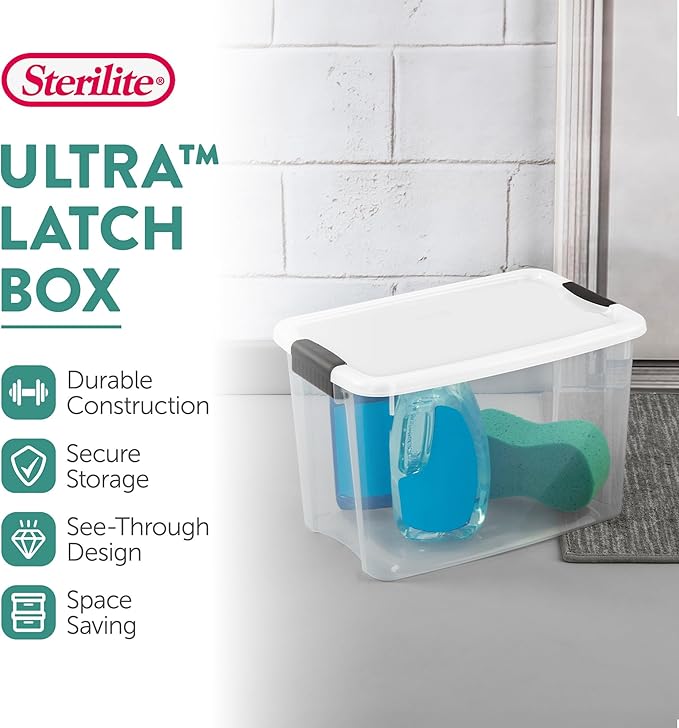STERILITE 30 QT. ULTRA-LATCH STORAGE BOX WITH WHITE LID AND CLEAR BASE 12-PACK 12 X