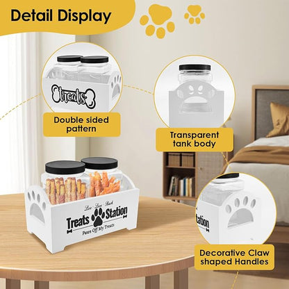 Dog Treat Container Wood Dog Food Storage Container with 2 Plastic Jars Rustic Cat Treat Container Practical Pet Treat Storage Organizer (White)