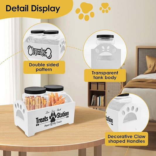 Dog Treat Container Wood Dog Food Storage Container with 2 Plastic Jars Rustic Cat Treat Container Practical Pet Treat Storage Organizer (White)