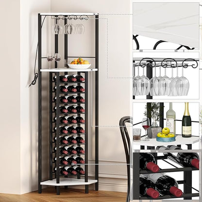 Homeiju Corner Wine Rack with Glass Holder and Led Strip Light, Corner Bar Wine Racks Freestanding Floor, Industrial Corner Bar Cabinet for Kitchen, Dining Room, Living Room or Cellar