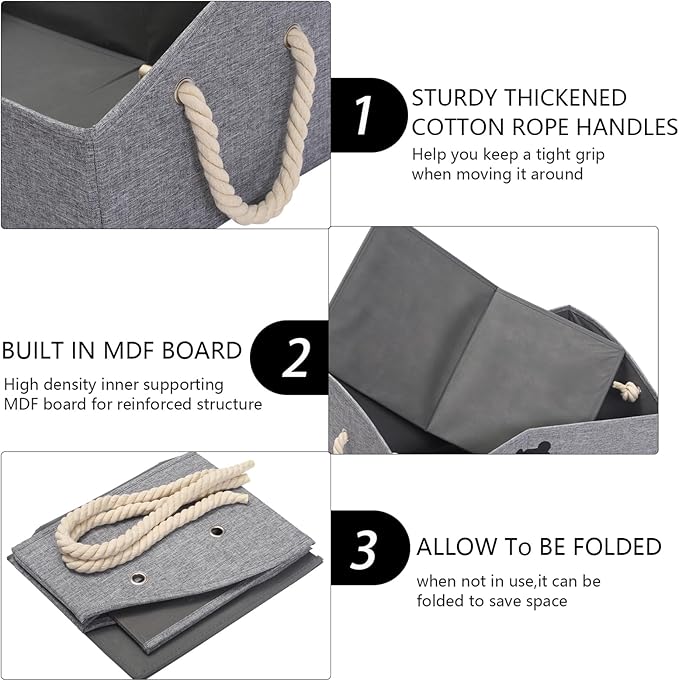 Geyecete 2 Pack Large Dog Toys Storage Bins-Foldable Fabric Trapezoid Organizer Boxes with weave Rope Handle,Collapsible Basket for Shelves,Dog Apparel(Snow Gray-DOG)