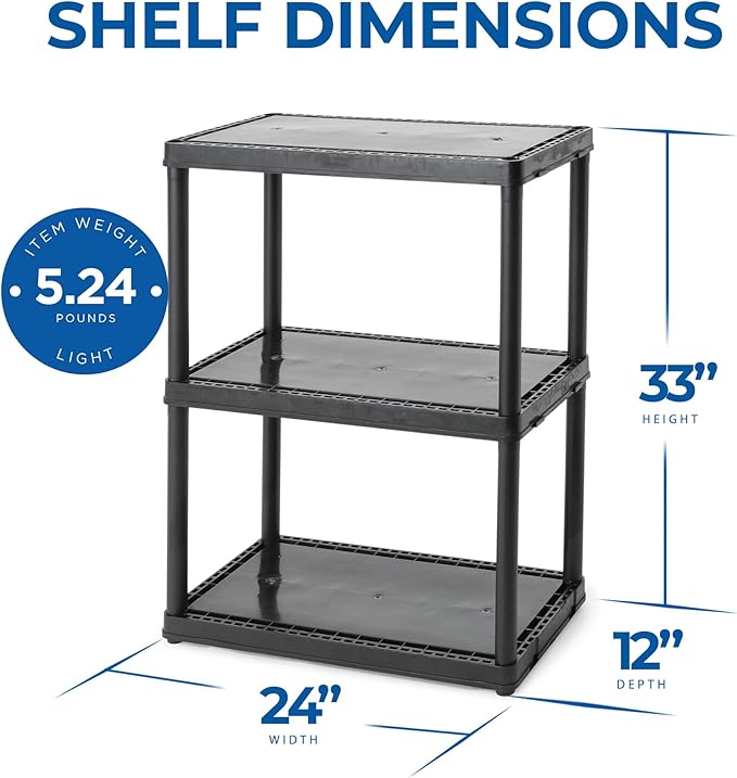 Gracious Living 3 Shelf Fixed Height Light Duty Storage Unit 12 x 24 x 33" Organizer System for Home, Garage, Basement, & Laundry, Black (3 Pack)