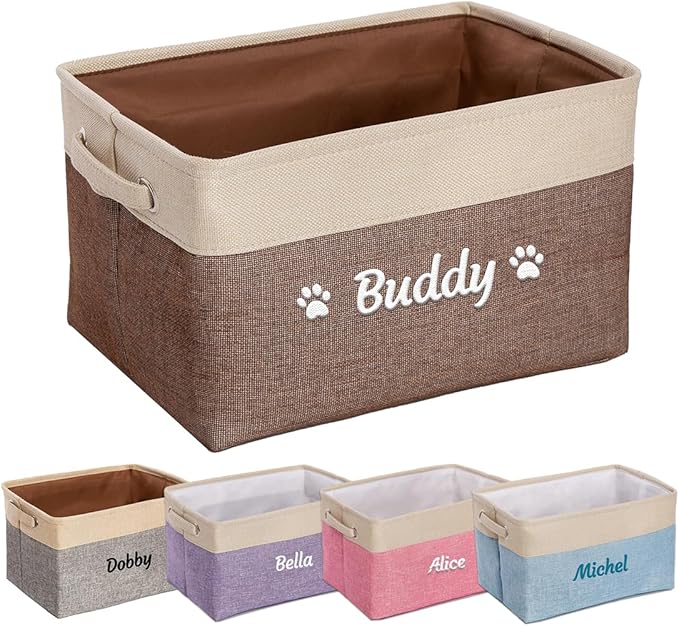Ulico Custom Dog Toy Storage Basket, Collapsible Pet Organizer Box with Handles, Personalized Dog Toy Bin, Brown