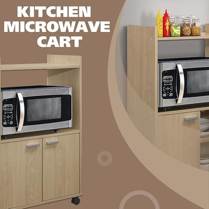 Kings Brand Furniture Ayla Microwave Cabinet with Storage and Upper Shelf for Kitchen Appliances - 2 Door Cabinet Kitchen Storage Cart - Wood Kitchen Cart with Lockable Castors Wheels - Beech