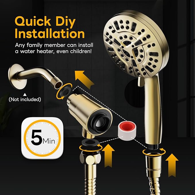 High Pressure 10 Ways Handheld Shower Head Brushed Gold- Anti-clog Nozzles, Built-in Power Wash to Clean Tub, Wall & Overhead Brackets,Magnetitc Rainfall Shower Wand,Built-in 2 Power Jet