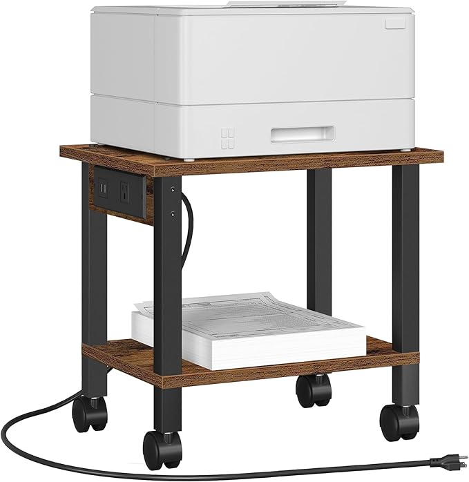 TUTOTAK 2 Tier Printer Stand, Rolling Printer Cart with Power Outlets and USB Ports, Mobile Printer Table with Wheels, for Under Desk, Office, Home,Brown PS01BB001