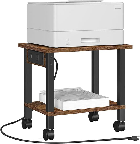 TUTOTAK 2 Tier Printer Stand, Rolling Printer Cart with Power Outlets and USB Ports, Mobile Printer Table with Wheels, for Under Desk, Office, Home,Brown PS01BB001