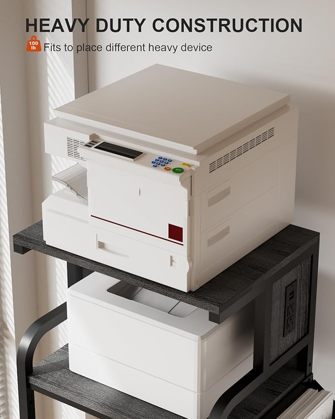 Tall Printer Stand with Storage, 4-Tier Mobile Printer Cart with Adjustable Shelf & Side Bag, Heavy Duty Printer Table with Built-In Charging Station for Home Office, Fits Scanner, Fax Machine, Grey