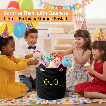 Kids Laundry Basket & Toy Storage Organizer | Large Black Cat Woven Cotton Rope Bin for Stuffed Plushies | Animal face Hamper with Cutout Handles for Nursery, Playroom & Kid’s Bedroom (Black Cat)