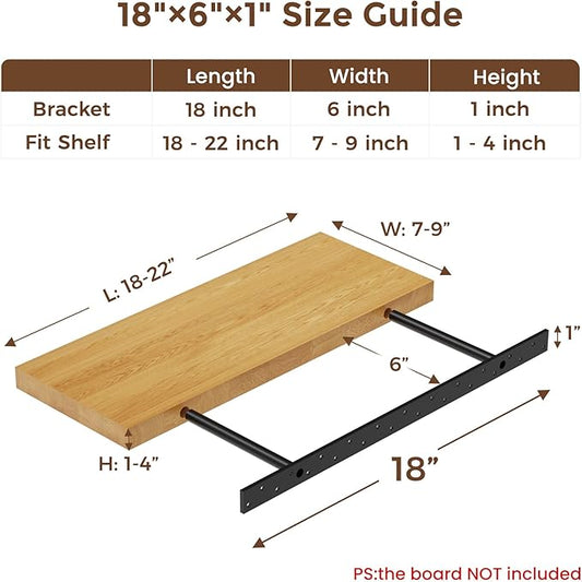 Floating Shelf Bracket Kit (No Router Needed) with Drill Guide Jig – Fits 1"–4" Thick Shelves – Heavy Duty 150lbs Capacity – Galvanized Steel with Countersunk Holes for Flush Mount(18″X6″X1″)