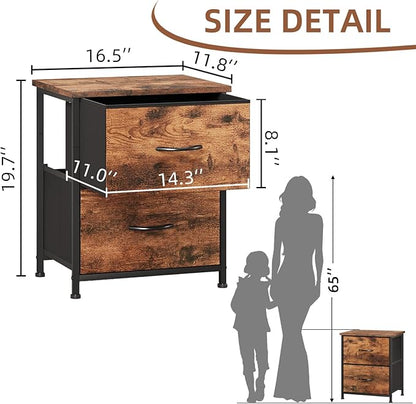 Somdot Nightstand Set of 2 with 2 Storage Drawers, Small Bedside Table End Table, Wooden Top Fabric Cabinet for Bedroom, Kids Closet, College Dorm, Entryway, Wood Grain Print