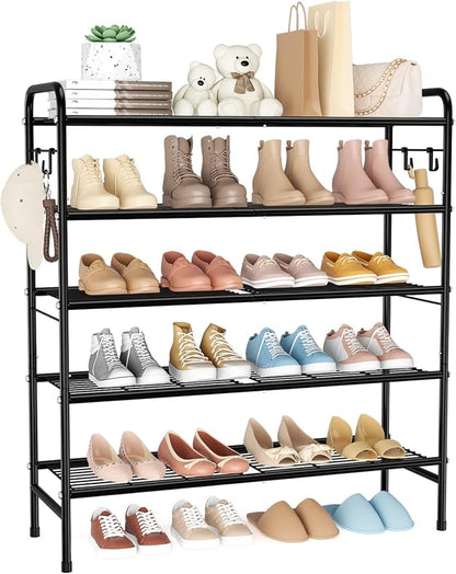 5 Tier Shoe Rack 33" Wide Metal Shoe Organizer Long Shoe Storage with 4 Side Hooks Sturdy Shoes Shelf for Closet, Front Door Entrance, Garage, Dorm, Black