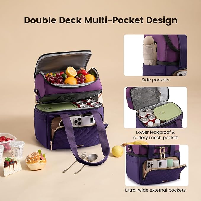 LOVEVOOK Insulated Lunch Bag For Women,Large Double Deck Adult Lunch Box,Teacher Lunch Tote Bag With Cup Holder,Leakproof Cooler Bag With Adjustable Shoulder Strap For Work Picnic Beach