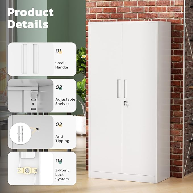 Greenvelly Metal Lockable Storage Cabinet, 72” Storage Cabinet with 2 Doors and 4 Adjustable Shelves for Office, Home, Garage, Pantry (Assembly Required, White)