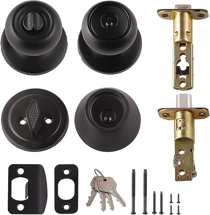 Amazon Basics Exterior Door Knob With Key Lock and Deadbolt, Keyed Alike, Coastal, Matte Black