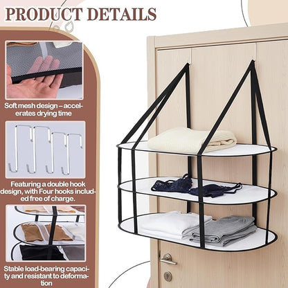 CINPIUK 3-Tier Sweater Drying Rack Over The Door, Foldable Mesh Hanging Dryer Flat with Hooks, Large Breathable Laundry Drying Hanger, Clothes Lay Flat Dryer for Apartments Dorms Bathrooms