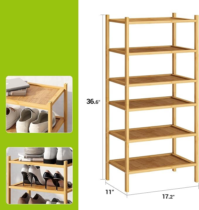 BMOSU 6-Tier Bamboo Small Shoe Rack Premium Stackable Shoe Shelf Storage Organizer for Hallway Closet Living Room Entryway Organizer(Natural)