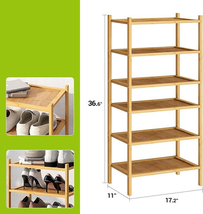 BMOSU 6-Tier Bamboo Small Shoe Rack Premium Stackable Shoe Shelf Storage Organizer for Hallway Closet Living Room Entryway Organizer(Natural)