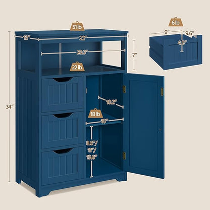 Yaheetech Bathroom Floor Cabinet, Free Standing Wooden Storage Organizer Multiple Tiers Storage Living Room Cabinet, Navy Blue