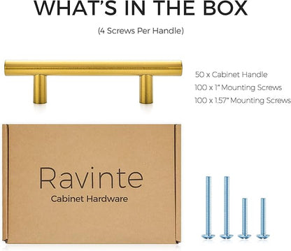 Ravinte 50 Pack | 5'' Cabinet Pulls Brushed Brass Stainless Steel Kitchen Drawer Pulls Cupboard Pulls Cabinet Handles 5”Length with 3” Hole Center