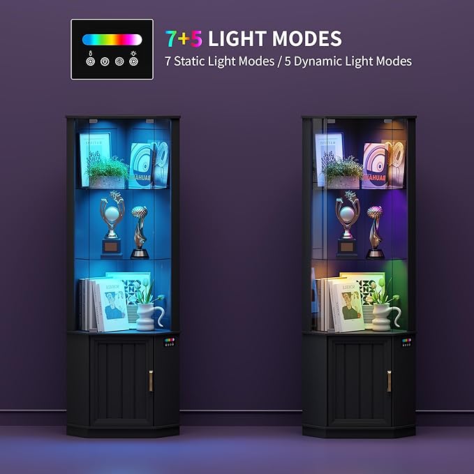 HNEBC 69" Tall Curio Display Cabinet with Glass Door and Movable Shelves,Corner Bookcase with LED Human Sensor Lights,5-Tier RGB Display Case for Collectibles,Bedroom Living Room
