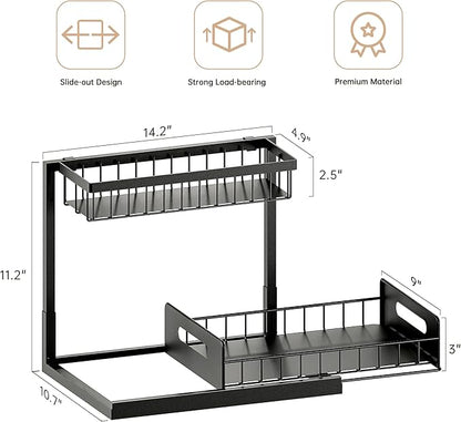 VUSIGN Under Kitchen Sink Organizer 2 Tier, Pull Out Under Sink Organizers and Storage, Bathroom Cabinet Kitchen Organization Storage Shelf, 1 Pack Black