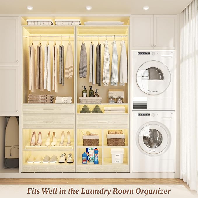 Unikito 50" W x 80'' H Closet Organizer Storage System with 2 Hanging Rod and 2 Wooden Drawers, Adjustable Shoes Rack, 4 Cubby Storage, Walk-in Closet Tower for Bedroom, Mudroom, Entryway, White Oak