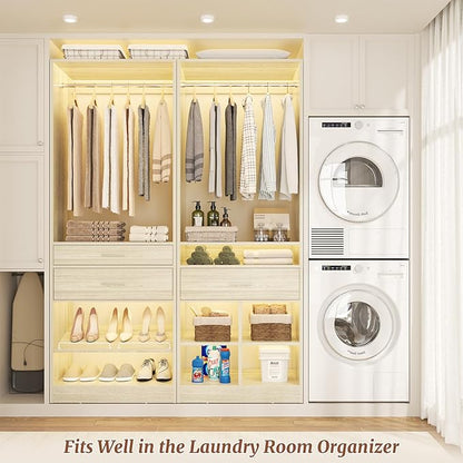 Unikito 50" W x 80'' H Closet Organizer Storage System with 2 Hanging Rod and 2 Wooden Drawers, Adjustable Shoes Rack, 4 Cubby Storage, Walk-in Closet Tower for Bedroom, Mudroom, Entryway, White Oak