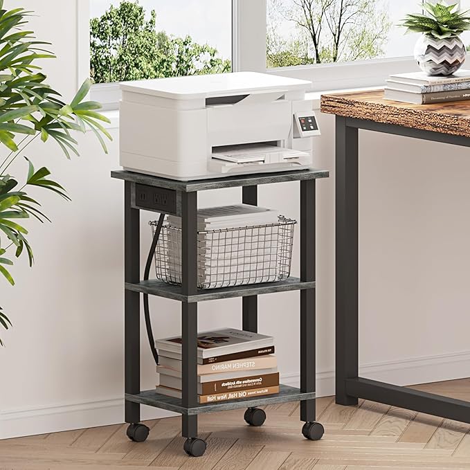 TUTOTAK 3 Tier Printer Stand, Rolling Printer Cart with Power Outlets and USB Ports, Mobile Printer Table with Wheels, for Under Desk, Office, Home, Charcoal Grey PS02BY001