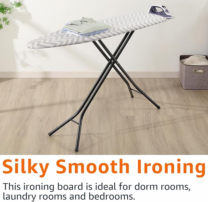 Amazon Basics Height Adjustable Full-Size Foldable Ironing Board, 4-Leg Fold-Up, Chevron Removable Cover, 60" x 14" x 38"