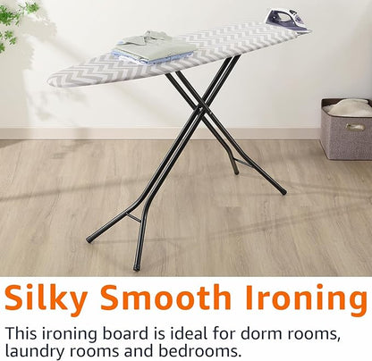 Amazon Basics Height Adjustable Full-Size Foldable Ironing Board, 4-Leg Fold-Up, Chevron Removable Cover, 60" x 14" x 38"