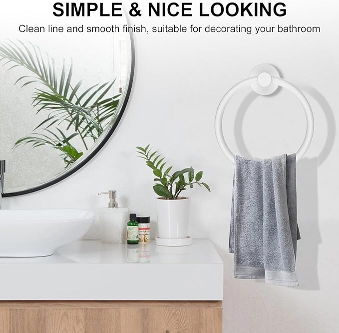 SetSail Towel Holder for Bathroom Wall White Towel Ring Screw-in Hand Towel Holder Stainless Steel Towel Hanger for Bathrooms, 4 Packs
