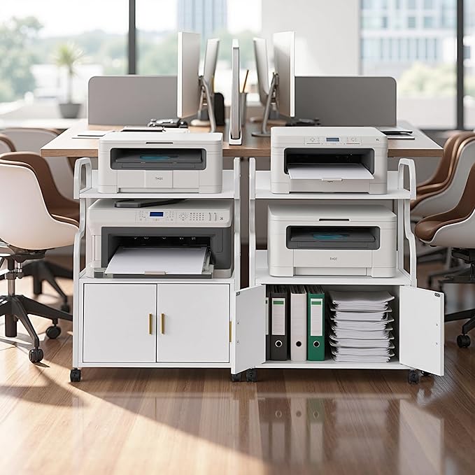 VECELO Large Printer Stand with Power Outlet, 3-Tier Rolling File Cabinet with Lockable Wheels, Heavy Duty Utility Table for Home Office, 18.9"x23.6"x30.2", White