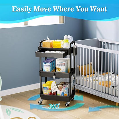 3 Tier Rolling Storage Carts with Removable Drawers, Lockable Wheels, Hooks & Cup Holders – Easy Assembly Storage Organizer for Kitchen, Bathroom, Office, Craft Room, Makeup, Black