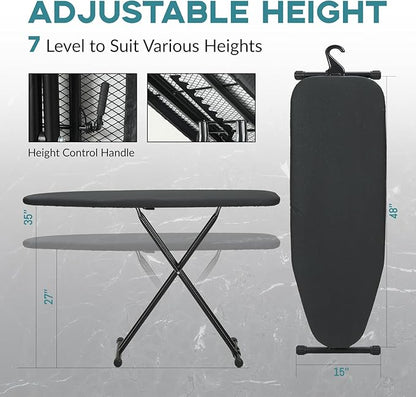 Ironing Board 48x15, Wide Heavy Duty Full Size Ironing Board, Sturdy Iron Table with Smart Hanger, Heat-Resistant Silicone Pad Iron Rest, Black