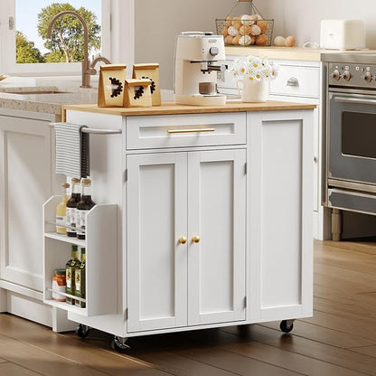 Kitchen Island with Storage, Rolling Kitchen Table with Drop Leaf, Charging Station, 3 Open Adjustable Shelf & Drawer, Towel Rack, Mobile Kitchen Cart for Dining Room, White and Natural