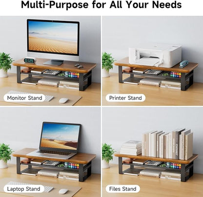 Monitor Stand Riser, 24 Inch Computer Monitor Stand for Desk, 2-Tier Wood Desk Shelf Organizer with Storage, Desktop Stand for Laptop/Screen/PC/Printer, Ergonomic Home Office Monitor Stand